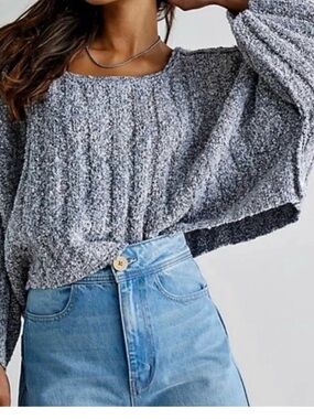 Free People Heathered Gray Ribbed Scoop Neck Sweater